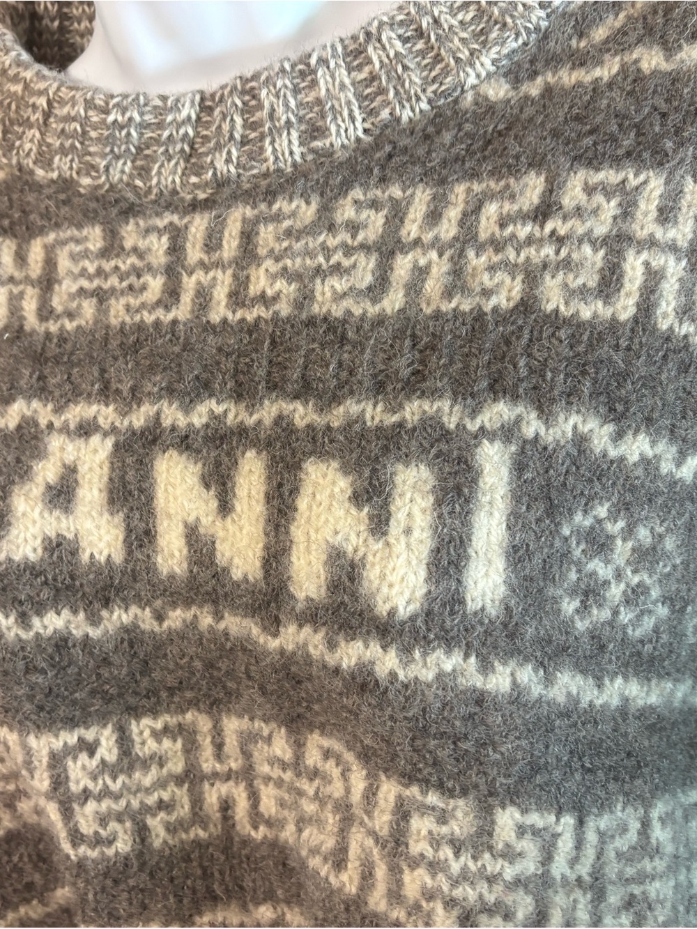 GANNI Grey Organic Wool Logo Knit Cropped Fair Isle Sweater S - Picture 3 of 16